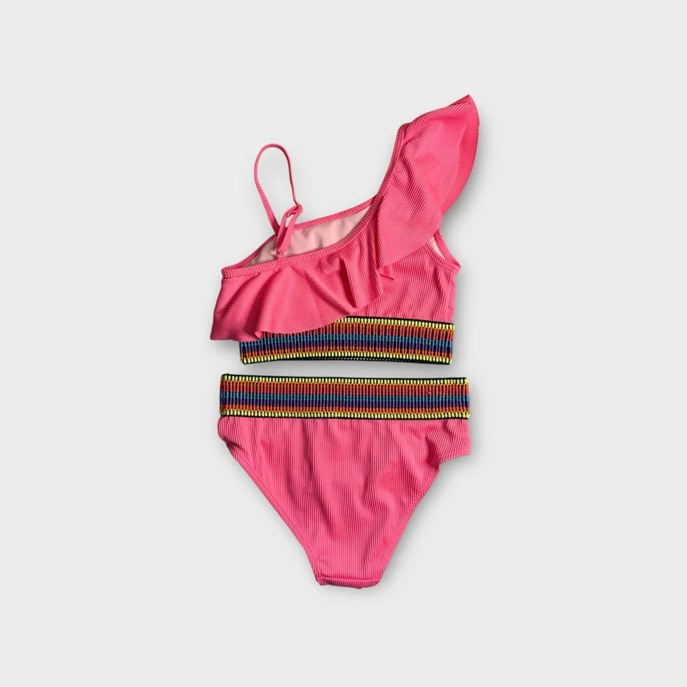 Betsey Johnson 2 Piece Embroidered Pink Ribbed Top & Bottom Swim Set